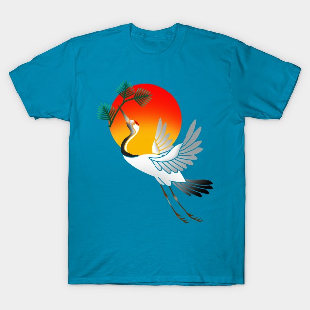 Japanese crane and sun T-Shirt by Blacklinesw9